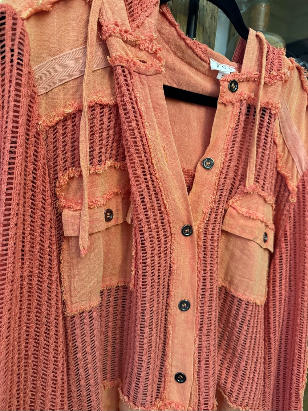 POL Coral Open-Knit Button-Down Shirt Jacket
